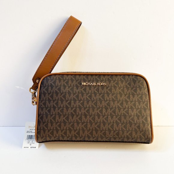 Michael Kors Jet Set Item Medium Travel Pouch Double Zip Wristlet MK Brown - Picture 1 of 13